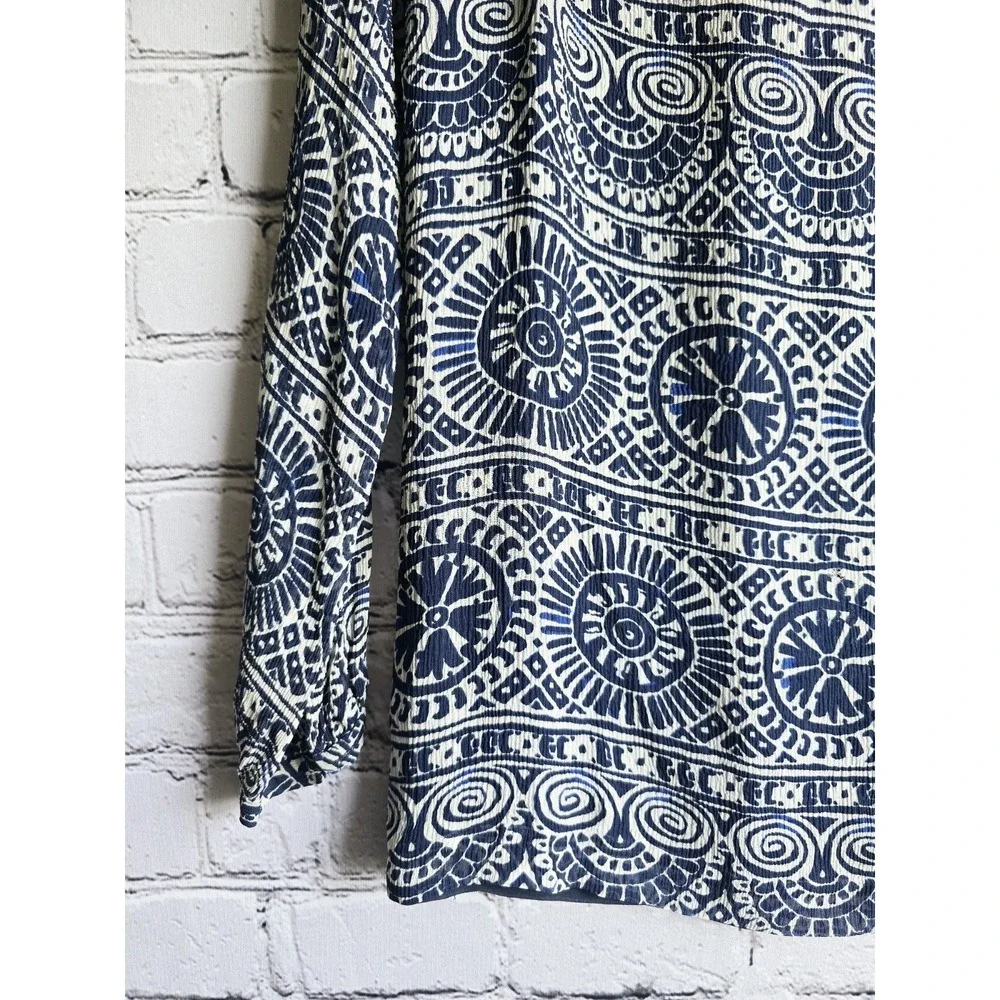 Tory Burch Silk Shell Navy Blue White Patterned Long Sleeve Button Accent Blouse